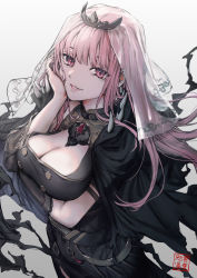 Rule 34 | 1girl, absurdres, armlet, atagumo yuba, bad id, bad twitter id, belt, black capelet, black gloves, breast hold, breasts, brooch, cape, capelet, choker, cleavage, cloak, eyelashes, gloves, grey background, head rest, highres, hololive, hololive english, jewelry, lace, lace-trimmed veil, lace trim, large breasts, lips, long hair, looking at viewer, mori calliope, pink eyes, pink hair, shoulder spikes, signature, simple background, single glove, smile, smoke, solo, spikes, tiara, veil, very long hair, virtual youtuber