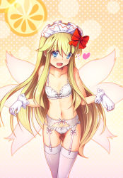 Rule 34 | 1girl, :d, bare shoulders, blonde hair, blue eyes, blush, bow, bow bra, bow panties, bra, breasts, chima q, collarbone, covered erect nipples, eyes visible through hair, garter belt, gloves, gluteal fold, gradient background, hair between eyes, hair bow, heart, highres, lily white, lingerie, long hair, looking at viewer, maid headdress, navel, open mouth, panties, panties over garter belt, polka dot, polka dot background, red bow, simple background, small breasts, smile, solo, stomach, thigh gap, thighhighs, touhou, underwear, underwear only, very long hair, white bra, white garter belt, white gloves, white panties, white thighhighs, yellow background