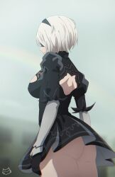 Rule 34 | 1girl, artist logo, ass, back cutout, black blindfold, black dress, black hairband, blindfold, breasts, cleavage cutout, clothing cutout, dress, feather-trimmed sleeves, gloves, hairband, highres, juliet sleeves, keihh, long sleeves, medium breasts, nier (series), nier:automata, puffy sleeves, short dress, short hair, solo, standing, two-sided dress, two-sided fabric, upskirt, white hair, 2b (nier:automata)