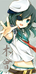 Rule 34 | 10s, 1girl, blue eyes, blush, character name, eyepatch, hair between eyes, hat, kantai collection, kiso (kancolle), long hair, looking at viewer, mole, outstretched arm, outstretched hand, personification, sailor collar, short hair, smile, solo, yonema