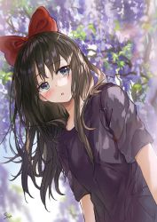 Rule 34 | 1girl, :o, arms at sides, black hair, blurry, blurry background, blush, bow, branch, commentary request, dutch angle, flower, grey eyes, hair between eyes, hair bow, highres, kiki (majo no takkyuubin), long hair, looking at viewer, majo no takkyuubin, parted lips, purple flower, purple shirt, red bow, saya (mychristian2), shirt, short sleeves, signature, solo, upper body