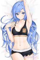 Rule 34 | 1girl, arm up, armpits, bare arms, bare shoulders, bed sheet, black shorts, blue eyes, blue hair, breasts, chaesu, cleavage, commentary request, cowboy shot, crop top, hair between eyes, hand up, highres, long hair, looking at viewer, lying, midriff, bae minah (chaesu), navel, on back, original, short shorts, shorts, small breasts, solo, sports bra, stomach, very long hair