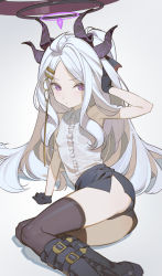 Rule 34 | 1girl, ahoge, bare shoulders, black panties, blouse, blue archive, blush, breasts, brown thighhighs, collared shirt, hand on own head, hina (blue archive), horns, long hair, looking at viewer, multiple horns, panties, parted bangs, purple eyes, shirt, simple background, small breasts, solo, thighhighs, thighs, timbougami, underwear, very long hair, white background, white hair, white shirt