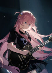 Rule 34 | 1girl, absurdres, black shirt, black skirt, blue eyes, bocchi the rock!, commentary, cube hair ornament, electric guitar, gibson les paul, gotoh hitori, guitar, hair between eyes, hair ornament, highres, holding, holding instrument, holding plectrum, instrument, kanvien, long hair, music, night, night sky, one side up, pink hair, playing instrument, pleated skirt, plectrum, shirt, short sleeves, skirt, sky, solo, star (sky), t-shirt
