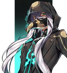 Rule 34 | 1boy, 88 taho, asclepius (fate), black jacket, crossed bangs, doctor, fate/grand order, fate (series), gas mask, green eyes, grey hair, hair between eyes, hood, hood up, hooded jacket, jacket, long hair, looking at viewer, male focus, mask, masked, mouth mask, multicolored hair, plague doctor mask, respirator, shirt, simple background, solo, very long hair, white hair