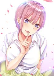 Rule 34 | 1girl, :d, absurdres, arm behind back, blue eyes, breasts, clothes around waist, collarbone, dress shirt, earrings, go-toubun no hanayome, gu li, hair between eyes, head tilt, highres, index finger raised, jewelry, looking at viewer, medium breasts, nakano ichika, open mouth, pink hair, shirt, short hair, short sleeves, simple background, smile, solo, sweater, sweater around waist, upper body, white background, white shirt
