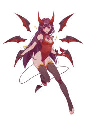 Rule 34 | 1girl, alternate costume, bare shoulders, black gloves, black thighhighs, breasts, cleavage, fingerless gloves, floating, floating object, gloves, highres, horns, irelia, league of legends, leotard, long hair, looking at viewer, medium breasts, pointy ears, red gloves, red horns, red leotard, ruan chen yue, shiny skin, skull print, solo, thighhighs, toeless legwear, weapon