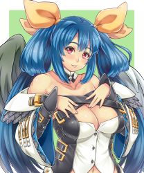 Rule 34 | 1girl, asymmetrical wings, blue hair, blush, breasts, cleavage, detached sleeves, dizzy (guilty gear), eyebrows, green background, guilty gear, guilty gear xrd, hair ribbon, large breasts, long hair, looking at viewer, navel, pink eyes, ribbon, smile, solo, twintails, wide sleeves, wings, yellow ribbon, yoohi