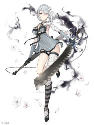 Rule 34 | 1girl, asymmetrical hair, bandages, blue eyes, braid, chain, dual wielding, flower, full body, hair flower, hair ornament, high heels, highres, holding, ji no, kaine (nier), lingerie, looking at viewer, negligee, nier, nier (series), official art, petals, revealing clothes, reverse grip, serious, silver hair, sinoalice, solo, square enix, sword, underwear, weapon, white background