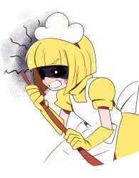 Rule 34 | angry, apron, blonde hair, chicken-rib, doris 1 (warioware), gloves, highres, humanization, maid, short hair, solo, white background, yellow gloves