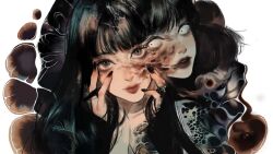Rule 34 | 1girl, absurdres, black eyes, black hair, black nails, body markings, closed mouth, extra faces, hands on own face, hands up, highres, horror (theme), kawakami tomie, lips, long hair, looking at viewer, mole, mole under eye, multiple heads, qiuyanga, solo, tomie, upper body, white background