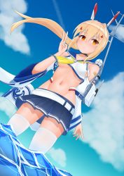 Rule 34 | 1girl, ayanami (azur lane), azur lane, bandaid, bandaid on arm, bare shoulders, belt, blonde hair, blue sailor collar, blue skirt, blue sky, blush, breasts, cloud, collarbone, commentary request, cowboy shot, crop top, day, detached sleeves, dutch angle, floating hair, groin, hair between eyes, hair ornament, headgear, high ponytail, highres, long hair, looking to the side, midriff, navel, neckerchief, ocean, orange eyes, outdoors, parted lips, pleated skirt, ponytail, retrofit (azur lane), rigging, sailor collar, searchlight, shirt, sidelocks, skindentation, skirt, sky, sleeveless, sleeveless shirt, small breasts, solo, standing, thighhighs, turret, underboob, utsuro (lyons), v, wading, white belt, white shirt, white sleeves, white thighhighs, wide sleeves, yellow neckerchief, zettai ryouiki
