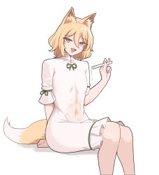 Rule 34 | 1girl, :d, absurdres, animal ear fluff, animal ears, arm support, blonde hair, breasts, bright pupils, covered navel, feet out of frame, fox ears, fox tail, green ribbon, highres, knees together feet apart, kudamaki tsukasa, looking at viewer, mata (matasoup), medium hair, open mouth, pouring, pouring onto self, ribbon, see-through, simple background, sitting, skin tight, skindentation, sleeves past elbows, small breasts, smile, solo, tail, test tube, touhou, wet, wet clothes, white background, white pupils, white romper, yellow eyes