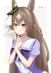 Rule 34 | 1girl, absurdres, animal ears, blush, border, bow, braid, breasts, brown eyes, brown hair, closed mouth, commentary request, ear ornament, french braid, grey hair, hands up, highres, horse ears, horse girl, horse tail, long hair, looking at viewer, lryutanl, medium breasts, multicolored hair, own hands together, pleated skirt, puffy short sleeves, puffy sleeves, purple bow, purple shirt, satono diamond (umamusume), school uniform, shirt, short sleeves, skirt, smile, solo, sparkle, tail, tracen school uniform, twitter username, two-tone hair, umamusume, very long hair, white border, white skirt