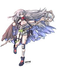 Rule 34 | 1girl, absurdres, arknights, bag, bandage on face, bandage on thigh, bandaged leg, bandages, black cape, black footwear, blue cape, breasts, cape, cleavage, commentary request, dated, feathered wings, feathers, gaoling gangqin, goggles, goggles around neck, grey eyes, head wings, highres, holding, holding staff, knee pads, long hair, medium breasts, messenger bag, mulberry (arknights), shorts, shoulder bag, simple background, single knee pad, solo, staff, torn cape, torn clothes, two-tone cape, very long hair, white background, white feathers, white hair, white shorts, white wings, wings