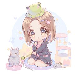 Rule 34 | 1girl, :o, animal, artist name, black hoodie, black shorts, black socks, blush, bow, brown hair, cat, chibi, commentary request, frog hat, fruitsrabbit, hair ornament, hairclip, hand up, highres, hood, hoodie, looking at another, medium hair, original, parted bangs, paw hair ornament, pink bow, pink shirt, shirt, shorts, sitting, socks, toy mouse, wariza