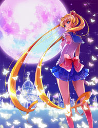 Rule 34 | 1girl, bishoujo senshi sailor moon, blonde hair, blue eyes, blue sailor collar, blue skirt, boots, bow, bug, butterfly, castle, double bun, elbow gloves, from behind, full body, full moon, gloves, hair ornament, hairpin, hand on own hip, bug, knee boots, long hair, looking back, magical girl, moon, pleated skirt, red bow, sailor collar, sailor moon, saojou, skirt, smile, solo, standing, tiara, tsukino usagi, twintails, white gloves