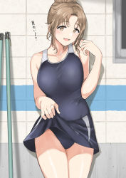 Rule 34 | 1girl, blue one-piece swimsuit, breasts, brown eyes, brown hair, collarbone, competition school swimsuit, cowboy shot, highres, holding, holding clothes, holding skirt, ichikawa hinana, idolmaster, idolmaster shiny colors, indoors, large breasts, looking at viewer, medium hair, one-piece swimsuit, open mouth, ponytail, school swimsuit, skirt, smile, solo, sweatdrop, swimsuit, swimsuit under clothes, thighs, tsurui, wall, window