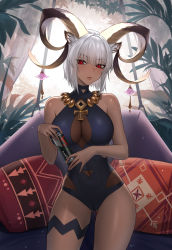 Rule 34 | 1girl, absurdres, animal ears, anming, arknights, bare arms, bare shoulders, black one-piece swimsuit, can, carnelian (arknights), carnelian (shimmering dew) (arknights), chinese commentary, commentary request, covered navel, cowboy shot, dark-skinned female, dark skin, highres, holding, holding can, horns, indoors, looking at viewer, official alternate costume, one-piece swimsuit, pillow, red eyes, short hair, smile, solo, standing, swimsuit, thigh strap, thighs, white hair