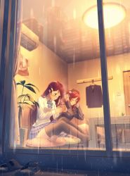 Rule 34 | 10s, 2girls, black legwear, blazer, bow, bowtie, closed eyes, cup, cushion, from outside, hair ornament, hairclip, hands on headphones, holding, in-franchise crossover, jacket, long hair, long sleeves, love live!, love live! school idol project, love live! sunshine!!, mug, multiple girls, nagareboshi, nishikino maki, no shoes, plant, potted plant, rain, red hair, sakurauchi riko, sandals, school uniform, sitting, skirt, smile, steam, striped bow, striped bowtie, striped clothes, striped neckwear, table, thighhighs, unworn jacket, unworn sandals, window