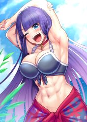 Rule 34 | 1girl, abs, absurdres, armpits, arms behind head, arms up, bare shoulders, beach, biceps, bikini, black bikini, blue eyes, blush, breasts, choker, cleavage, collarbone, cross, cross choker, fate/grand order, fate (series), harurukan, highres, large breasts, long hair, looking at viewer, martha (fate), martha (swimsuit ruler) (fate), martha (swimsuit ruler) (first ascension) (fate), muscular, muscular female, navel, one eye closed, open mouth, purple hair, sarong, smile, solo, swimsuit, toned