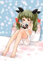 Rule 34 | 10s, 1girl, anchovy (girls und panzer), barashiya, barefoot, bed sheet, black ribbon, blush, book, commentary, covered mouth, drill hair, full body, girls und panzer, green hair, hair ribbon, heart, heart print, highres, holding, holding book, indoors, long hair, on bed, pajamas, pillow, reading, red eyes, ribbon, shirt, sitting, solo, sparkle, tank top, twin drills, twintails, white shirt