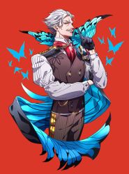 Rule 34 | 1boy, belt, black gloves, brown vest, bug, butterfly, crossed arms, facial hair, fate/grand order, fate (series), gloves, grey eyes, grey hair, hand up, highres, index finger raised, bug, james moriarty (archer) (fate), long sleeves, looking at viewer, male focus, mustache, pants, red background, red scarf, scarf, simple background, smile, solo, standing, tenobe, vest