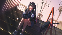 Rule 34 | 1girl, artist name, backpack, bag, black cat, black hair, blue eyes, cat, cellphone, cup, disposable cup, dutch angle, facing viewer, g-tz, head in hand, head rest, highres, lips, long hair, original, outdoors, overhead line, phone, sitting, solo, stairs, twintails