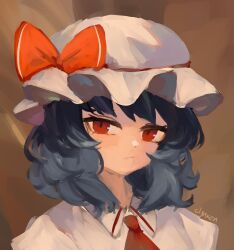 Rule 34 | 1girl, artist name, blue hair, brown background, clynxen, hat, hat ribbon, highres, looking at viewer, mob cap, portrait, red eyes, red ribbon, remilia scarlet, ribbon, solo, touhou, white hat