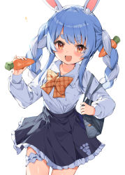 Rule 34 | 1girl, :d, absurdres, alternate costume, animal ear fluff, animal ears, bag, black skirt, blue hair, blush, bow, bowtie, braid, breasts, bridal garter, carrot, carrot hair ornament, carrot print, collarbone, collared shirt, cowboy shot, food, food-themed hair ornament, food print, hair ornament, hana mori, highres, holding, holding food, holding vegetable, hololive, long hair, looking at viewer, multicolored hair, open mouth, orange bow, orange bowtie, orange eyes, plaid, plaid bow, plaid bowtie, plaid neckwear, rabbit ears, rabbit girl, shirt, shoulder bag, silver hair, simple background, skirt, small breasts, smile, solo, standing, thick eyebrows, twin braids, twintails, two-tone hair, usada pekora, v-shaped eyebrows, vegetable, virtual youtuber, white background, white shirt