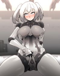 Rule 34 | 1girl, armored bodysuit, blush, bodysuit, breasts, closed mouth, cowboy shot, cyborg, embarrassed, facing viewer, frown, grey bodysuit, grey eyes, grey hair, highres, joints, korean commentary, large breasts, looking away, looking to the side, medium hair, pinkboy, punishing: gray raven, robot joints, rosetta: rigor (einherjar) (punishing: gray raven), rosetta (punishing: gray raven), sitting, skin tight, solo, spread legs, twintails, v