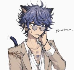 Rule 34 | 1boy, animal ears, blue eyes, blue hair, bracelet, brown jacket, cat ears, cat tail, chest tattoo, cigarette, collared shirt, facial hair, glasses, hand on own face, hand up, hashi (84 rainco), jacket, jewelry, kemonomimi mode, long sleeves, male focus, master detective archives: rain code, messy hair, open mouth, round eyewear, scratching head, shirt, short hair, simple background, solo, stubble, sweatdrop, tail, tattoo, tinted eyewear, upper body, white background, yakou furio