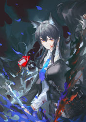 Rule 34 | 1girl, animal ear fluff, animal ears, arknights, black vest, blood, blood on face, blue necktie, collared shirt, cowboy shot, dog tags, floating hair, food, hair between eyes, highres, holding, holding sword, holding weapon, long hair, long sleeves, looking at viewer, luren max, name tag, necktie, official alternate costume, pocky, shirt, sidelocks, solo, sword, texas (arknights), texas the omertosa (arknights), vest, weapon, white shirt, wolf ears, wolf girl, yellow eyes