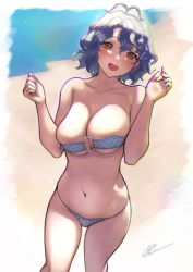 Rule 34 | 1girl, antenna hair, areola slip, bikini, blue hair, breasts, c (theta), cleavage, feet out of frame, hands up, highres, idolmaster, idolmaster million live!, large breasts, looking at viewer, navel, o-ring, o-ring bikini, o-ring top, open mouth, orange eyes, signature, smile, solo, standing, swimsuit, toyokawa fuka