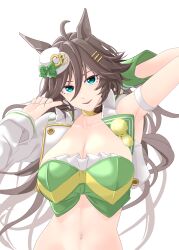 Rule 34 | 1girl, absurdres, ahoge, animal ears, arm behind head, arm strap, armpits, arms up, breasts, brown hair, choker, cleavage, collarbone, commentary request, crop top, cropped jacket, green eyes, green shirt, hair between eyes, hair ornament, hairclip, hat, highres, horse ears, horse girl, jacket, kouma (kumkouma), large breasts, long hair, long sleeves, looking at viewer, midriff, mini hat, mini top hat, mr. c.b. (umamusume), navel, open clothes, open jacket, open mouth, shirt, sidelocks, simple background, single bare shoulder, single sleeve, smile, solo, standing, strapless, strapless shirt, teeth, top hat, umamusume, upper body, upper teeth only, white background, white jacket, wrist cuffs, yellow choker
