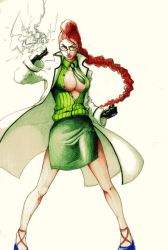 Rule 34 | 1girl, alternate costume, blue eyes, braid, breasts, capcom, cleavage, colored pencil (medium), crimson viper, electricity, fighting stance, glasses, gloves, high heels, knees, lab coat, large breasts, legs, long coat, long hair, mature female, midriff, necktie, no bra, open clothes, pinstripe pattern, pinstripe shirt, pompadour, red hair, rif han, scan, semi-rimless eyewear, shirt, skirt, solo, street fighter, street fighter iv (series), striped clothes, striped shirt, traditional media, unbuttoned, under-rim eyewear, vertical-striped clothes, vertical-striped shirt