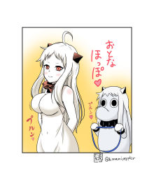Rule 34 | (o) (o), 10s, 2girls, abyssal ship, aged up, ahoge, bare shoulders, blush, body blush, breasts, covered navel, dress, dual wielding, gloves, holding, horns, impossible clothes, kantai collection, large breasts, mittens, moomin, multiple girls, muppo, northern ocean princess, red eyes, rei no himo, ribbon, sazanami konami, white dress, white gloves, white hair, white mittens