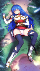 Rule 34 | 1girl, armor, black thighhighs, blue hair, blush, bow, bow panties, breastplate, broken, broken weapon, caeda (fire emblem), closed eyes, commission, damaged, defeat, dress, elbow gloves, fire emblem, fire emblem: mystery of the emblem, gloves, hhh (wave), long hair, lying, nintendo, panties, pegasus knight uniform (fire emblem), pixiv commission, polearm, red dress, short dress, solo, spear, thighhighs, torn clothes, torn thighhighs, unconscious, underwear, weapon, white gloves, white panties