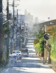 Rule 34 | apartment, building, cable, car, city, day, highres, motor vehicle, original, painting (medium), plant, power lines, radar dish, realistic, road, road sign, scenery, shadow, sign, street, sunlight, traditional media, traffic mirror, tree, utility pole, watanabe masato, watercolor (medium)