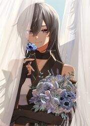 Rule 34 | 1boy, 1girl, admiral (kancolle), black gloves, blue flower, bouquet, breasts, closed mouth, fingerless gloves, flower, gloves, hair between eyes, highres, holding, holding bouquet, holding flower, kantai collection, large breasts, long hair, machi (ritovoyage), nagato (kancolle), nagato kai ni (kancolle), red eyes, solo focus, twitter username, upper body, white flower