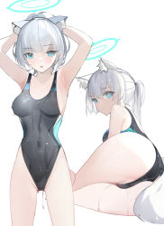Rule 34 | 1girl, animal ear fluff, animal ears, arms behind head, blue archive, blue eyes, breasts, commentary, competition swimsuit, covered navel, cowboy shot, cross hair ornament, da (datako), english commentary, extra ears, from behind, grey hair, grey one-piece swimsuit, hair ornament, halo, highres, looking at viewer, low ponytail, medium breasts, medium hair, mismatched pupils, multicolored clothes, multicolored swimsuit, multiple views, one-piece swimsuit, shiroko (blue archive), shiroko (swimsuit) (blue archive), simple background, sitting, standing, swimsuit, white background, yokozuwari