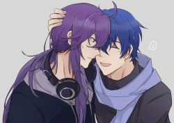 Rule 34 | 2boys, black shirt, blue hair, blue scarf, commentary, drawstring, eighth note, closed eyes, forehead-to-forehead, grey background, hand on another&#039;s head, headphones, headphones around neck, heads together, hood, hooded jacket, jacket, kaito (vocaloid), kamui gakupo, leaning forward, long hair, male focus, multiple boys, musical note, open mouth, ponytail, purple eyes, purple hair, scarf, shirt, sidelocks, simple background, smile, speech bubble, spoken musical note, sweat, upper body, vocaloid, yaoi, yinnnn