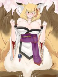 Rule 34 | 1girl, animal ear fluff, animal ears, blonde hair, blush, breasts, brown eyes, centauroid, commentary request, fox ears, fox tail, hair ribbon, huge breasts, japanese clothes, mon-musu quest!, monster girl, multiple tails, nanabi (mon-musu quest!), ribbon, setouchi (blackse), shiny skin, simple background, smile, tail, taur, wide sleeves