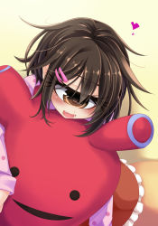 Rule 34 | 1girl, :d, blush, brown eyes, brown hair, cyclops, hugging doll, fang, hair ornament, hairclip, heart, heart-shaped pillow, highres, hitomebore, hug, hugging object, ogami kazuki, one-eyed, open mouth, original, pajamas, pillow, single eye, smile, solo, stuffed toy, usui sachi