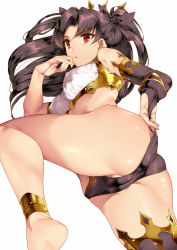 Rule 34 | 1girl, anklet, armlet, ass, bikini, black hair, black thighhighs, bracelet, breasts, detached sleeves, earrings, fate/grand order, fate (series), gold trim, hair ribbon, hoop earrings, ishtar (fate), jewelry, long hair, looking at viewer, medium breasts, mismatched bikini, parted bangs, parted lips, red eyes, ribbon, saburou (hgmg), single detached sleeve, single thighhigh, solo, swimsuit, thighhighs, thighlet, thighs, tiara, two side up