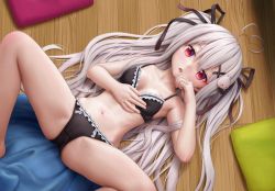 Rule 34 | 1girl, ahoge, aki99, barefoot, black bra, black panties, black ribbon, borrowed character, bra, breasts, chinese commentary, collarbone, commentary request, frilled bra, frilled panties, frills, hair between eyes, hair ornament, hair ribbon, heart, heart ahoge, highres, long hair, looking at viewer, lying, navel, on floor, open mouth, original, panties, red eyes, ribbon, second-party source, small breasts, solo, spread legs, tokisaki mio (niliu chahui), twintails, underwear, underwear only, white hair, wooden floor, x hair ornament