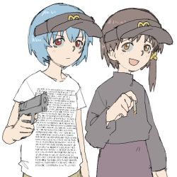 Rule 34 | 2girls, ayanami rei, blue hair, blush, brown hair, cigarette, closed mouth, crossover, gun, iwakura lain, mcdonald&#039;s, multiple girls, neon genesis evangelion, open mouth, pantsu-ripper, red eyes, serial experiments lain, simple background, weapon, white background