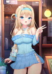 Rule 34 | 1girl, armpit crease, bachibachi (tisen), bag, bare shoulders, blonde hair, blue dress, blue eyes, breasts, closed mouth, cowboy shot, detached sleeves, dress, girls&#039; frontline, gluteal fold, hair ribbon, hairband, hand up, highres, large breasts, long hair, long sleeves, looking at viewer, nail polish, no panties, one side up, ribbon, short dress, shoulder bag, side slit, smile, solo, suomi (girls&#039; frontline), thighs, v