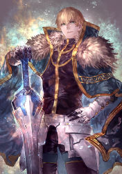 Rule 34 | 1boy, armor, black gloves, blonde hair, blue cape, blue eyes, cape, collared cape, excalibur galatine (fate), fate/extra, fate/grand order, fate (series), fur collar, gauntlets, gawain (fate), gloves, hand on own hip, highres, holding, holding sword, holding weapon, knight, knights of the round table (fate), long sleeves, looking at viewer, male focus, open mouth, short hair, signo aaa, solo, sword, weapon