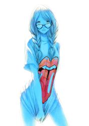 Rule 34 | 1girl, :p, blue theme, bottomless, braid, covering privates, covering crotch, cowboy shot, glasses, heart, heart-shaped eyewear, heart-shaped glasses, highres, lips, long hair, monochrome, naked shirt, original, oversized clothes, see-through, see-through silhouette, shirt, shirt tug, solo, sousou (sousouworks), spot color, t-shirt, the rolling stones, tongue, tongue out, twin braids